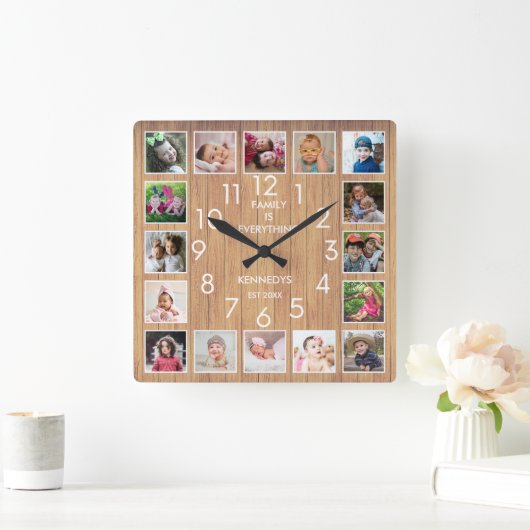 16フォトパーソナライズされたコラージュ引用文ウッド素朴 スクエア壁時計 (ホーム)