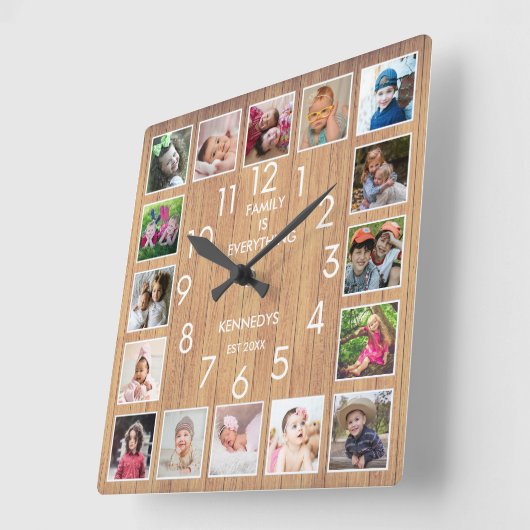 16フォトパーソナライズされたコラージュ引用文ウッド素朴 スクエア壁時計 (傾斜)