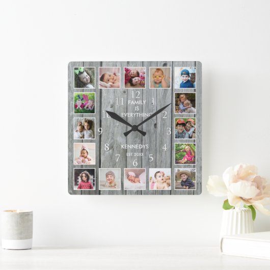 16フォトパーソナライズされたコラージュ引用文グレーウッド スクエア壁時計 (ホーム)
