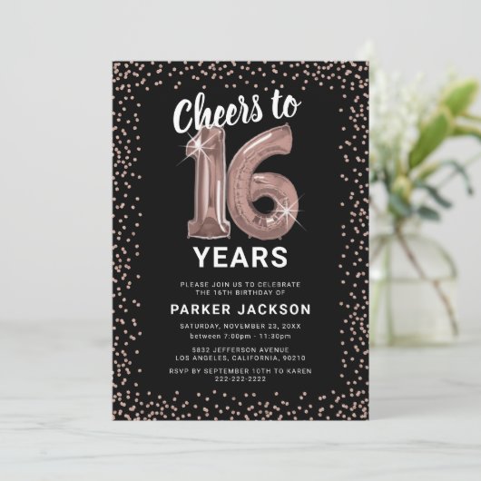 16モダン番目の誕生日バラ金ゴールド 招待状 (スタンド正面)