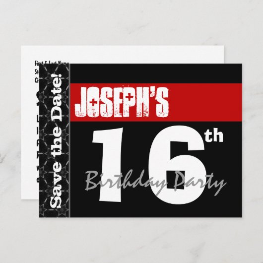 16モダン番目の誕生日日付を保存Red Black V007 案内ポストカード (正面/裏面)