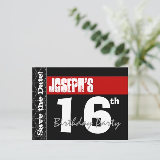 16モダン番目の誕生日日付を保存Red Black V007 案内ポストカード (スタンド正面)