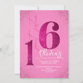 16モダン誕生日Sweet sixteenピンクグリッター 招待状 (正面)
