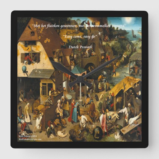 16世紀オランダアート&諺ウォールクロック スクエア壁時計 (正面)