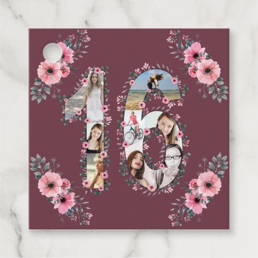 16人目の女の子誕生日フォトコラージピンクフラワー フェイバータグ (正面)