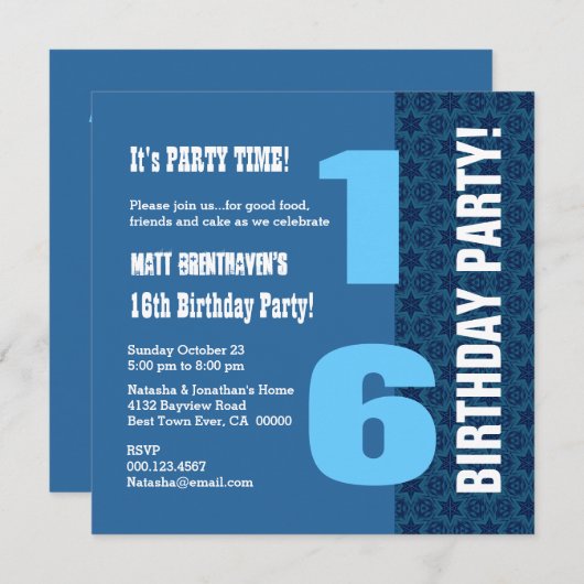 16位の誕生日ネービーブモダンルースターズT7C 招待状 (正面/裏面)
