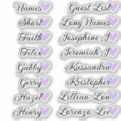 16名前カスタムゲストリスト書道薄紫ハート シール (正面)