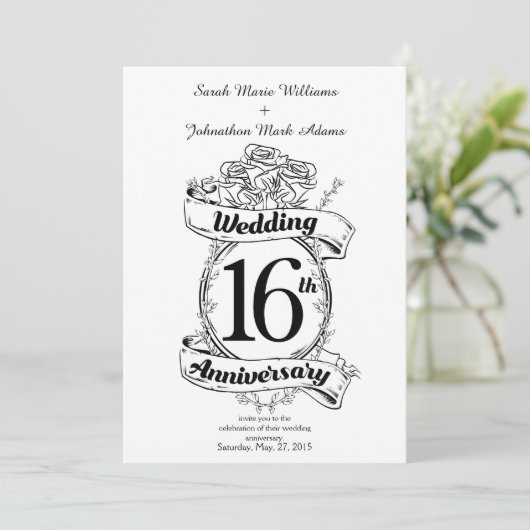 16周年結婚記念日の黒と白のバラ 招待状 (スタンド正面)