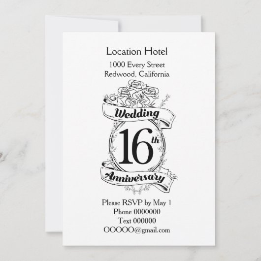 16周年結婚記念日の黒と白のバラ 招待状 (裏面)