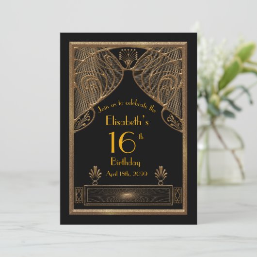 16日，誕生日16日，アールデコ，黒の金ゴールド 招待状 (スタンド正面)