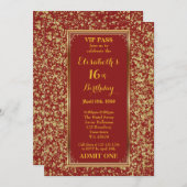 16日，誕生日16日，グリッター赤，チケット，赤金ゴールド 招待状 (正面/裏面)