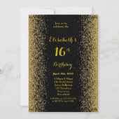 16日,誕生日16日,グリッター,黒金ゴールド 招待状 (正面)
