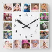 16枚のフォトコラージュを白黒で作成 スクエア壁時計 (正面)