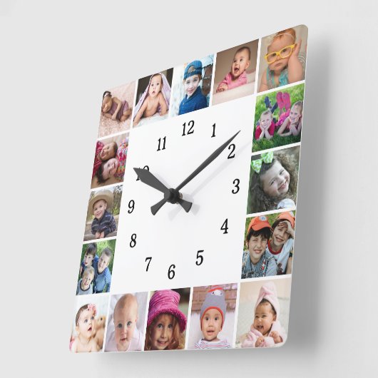 16枚のフォトコラージュを白黒で作成 スクエア壁時計 (傾斜)