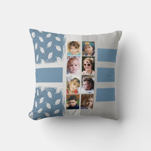 16枚のフォトコラージュ葉のストライプ青 クッション (正面)