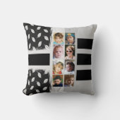 16枚のフォトコラージュ葉のストライプ黒 クッション (正面)