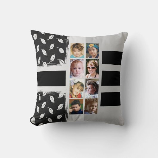 16枚のフォトコラージュ葉のストライプ黒 クッション (正面)