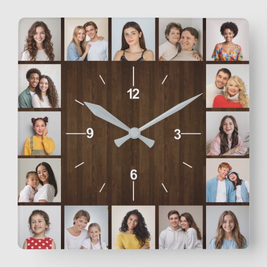 16枚の写真を飾ったラスティック ダークブラウン ウッド フェンス スクエア壁時計 (正面)