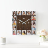 16枚の写真を飾ったラスティック ダークブラウン ウッド フェンス スクエア壁時計 (ホーム)