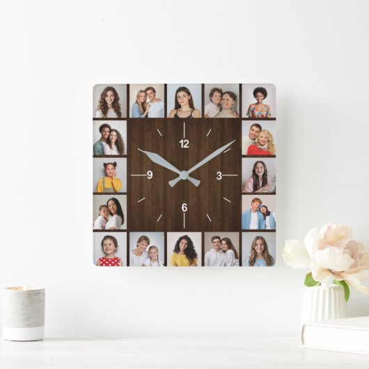 16枚の写真を飾ったラスティック ダークブラウン ウッド フェンス スクエア壁時計 (ホーム)