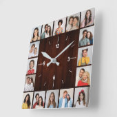 16枚の写真を飾った赤い偽の木のフェンス スクエア壁時計 (傾斜)