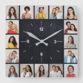 16枚の写真を飾れるダーク調のフェイクウッドフェンス スクエア壁時計 (正面)
