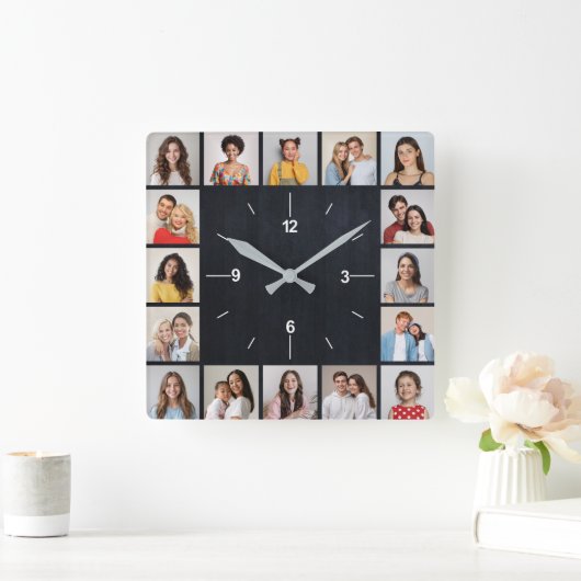 16枚の写真を飾れるダーク調のフェイクウッドフェンス スクエア壁時計 (ホーム)