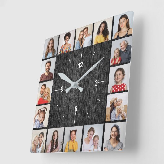16枚の写真を飾れる ブラック 偽の木のフェンス スクエア壁時計 (傾斜)