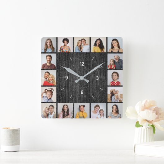 16枚の写真を飾れる ブラック 偽の木のフェンス スクエア壁時計 (ホーム)