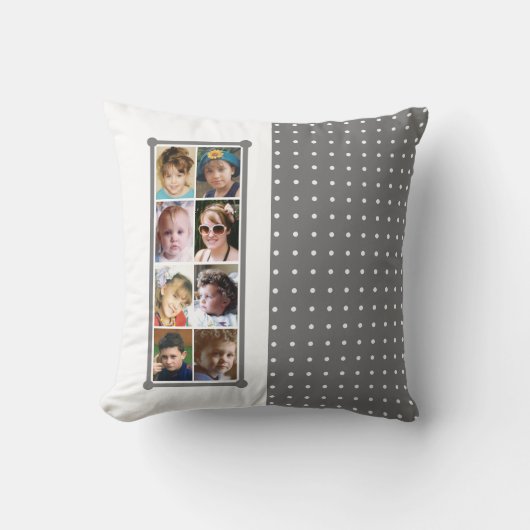 16枚の写真コラージュ水玉模様が灰色を投げる クッション (正面)