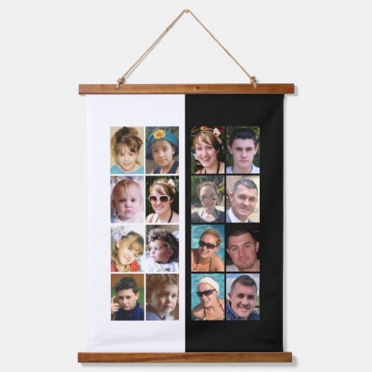 16枚の写真コラージュ白黒 吊り下げ型タペストリー (正面)