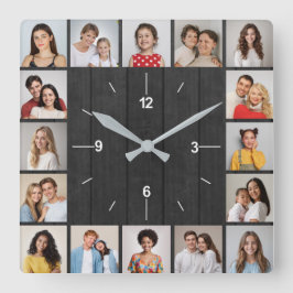 16枚の写真コラージュ ダークグレー ウッドフェンス スクエア壁時計