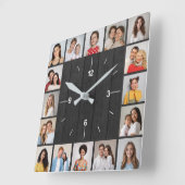 16枚の写真コラージュ ダークグレー ウッドフェンス スクエア壁時計 (傾斜)
