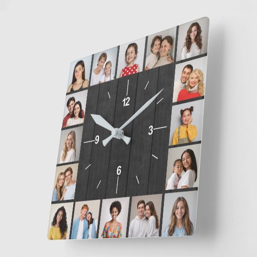 16枚の写真コラージュ ダークグレー ウッドフェンス スクエア壁時計 (傾斜)