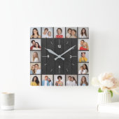 16枚の写真コラージュ ダークグレー ウッドフェンス スクエア壁時計 (ホーム)