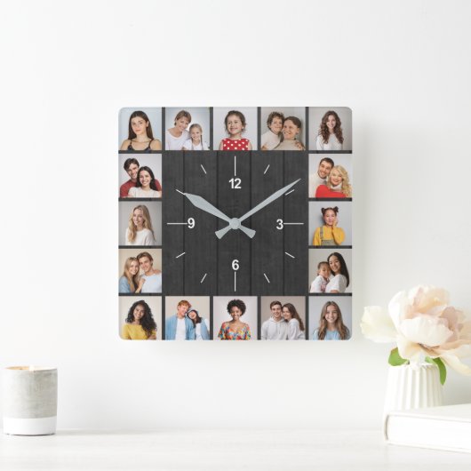 16枚の写真コラージュ ダークグレー ウッドフェンス スクエア壁時計 (ホーム)