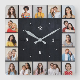 16枚の写真コラージュ ダーク ファウッド フェンス スクエア壁時計