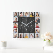 16枚の写真コラージュ ライト ブラック フェイク ウッド フェンス スクエア壁時計 (ホーム)