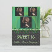 16歳のサプライズパーティー グリーンシルク＆パール＆写真 招待状 (スタンド正面)