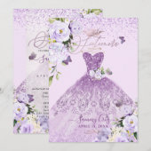 16歳のダスティ ライラック パープル グリッター ドレス 招待状 (正面/裏面)