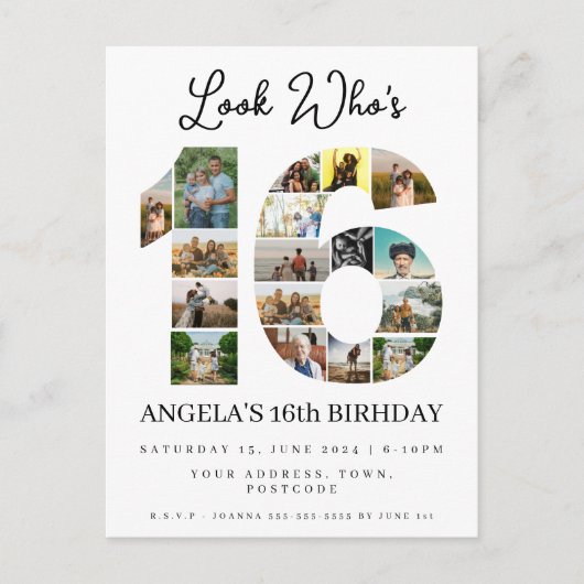 16歳の誕生日おめでとう! フォトコラージュ招待状 ティーンエイジャー インビテーションポストカード (正面)