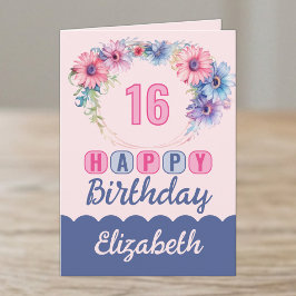 16歳の誕生日おめでとう フラワーピンク名入れ カード