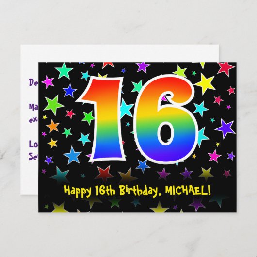 16歳の誕生日おめでとう：楽しいスターパターン、虹16、名前 ポストカード (正面/裏面)