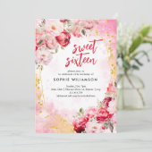 16歳の誕生日を祝う芍薬とバラのスイートなデザイン 招待状 (スタンド正面)