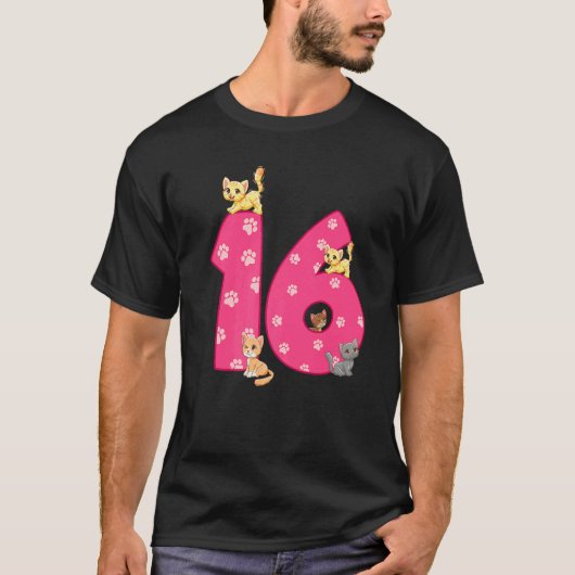 16歳の誕生日を迎えた猫 ネコ 誕生日祝い 16才 Tシャツ (正面)