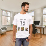 16歳の誕生日カスタムフォトモノグラムボーイ Tシャツ<br><div class="desc">贈り物として、またはパーティーのために16歳の誕生日。自分の友人、家族、関心またはペットの写真の3つのコラージュ。16歳の彼の名前と日付をカスタマイズして追加する。誕生日又は誕生日パーティーの日。グレーと黒の色の文字。</div>