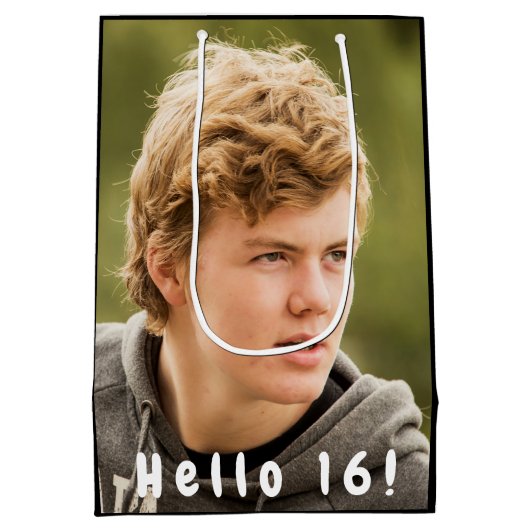 16歳の誕生日カスタム写真こんにちは16男の子 ミディアムペーパーバッグ (裏面)