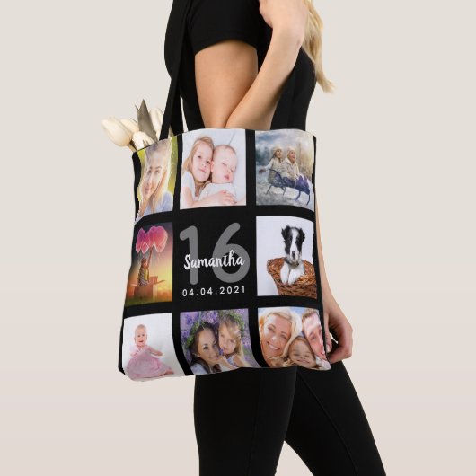 16歳の誕生日カスタム写真コラージュの女の子ブラック トートバッグ (クローズアップ)