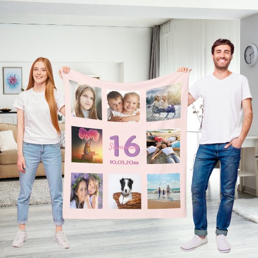 16歳の誕生日カスタム写真コラージュバラ金ゴールドピンク フリースブランケット