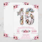 16歳の誕生日ガール フォトコラージュ ピンクの花 白 招待状 (正面/裏面)